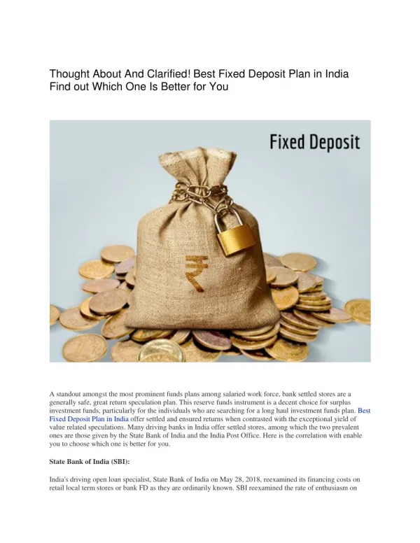 Thought About And Clarified! Best Fixed Deposit Plan in India Find out Which One Is Better for You