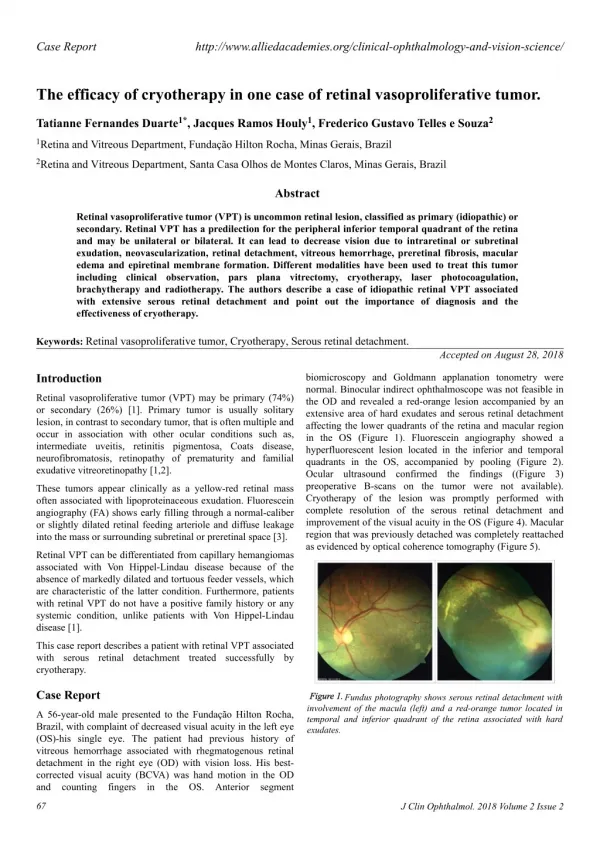 The efficacy of cryotherapy in one case of retinal vasoproliferative tumor