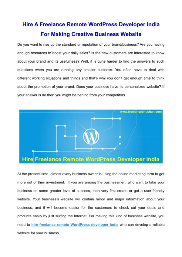 Hire A Freelance Remote WordPress Developer India For Making Creative Business Website