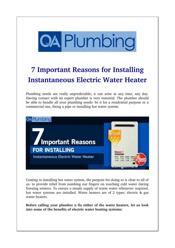 7 Important Reasons for Installing Instantaneous Electric Water Heater