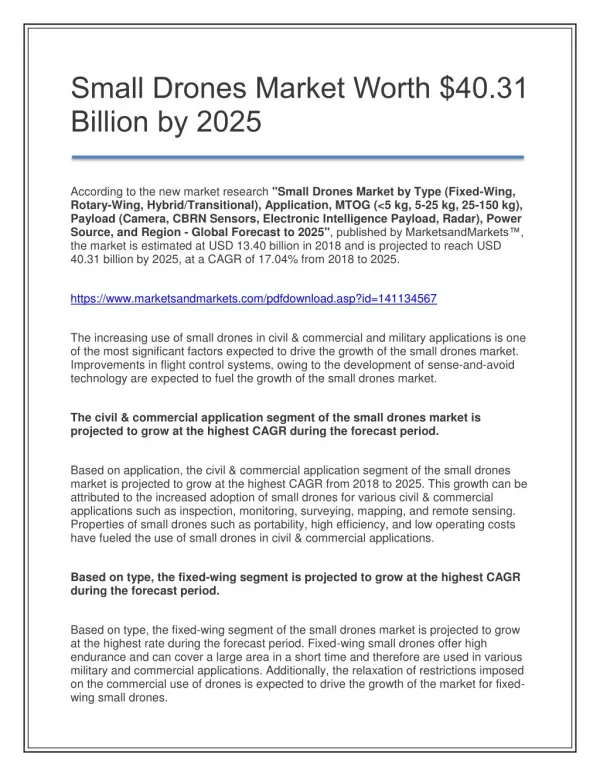 Small Drones Market Worth $40.31 Billion by 2025