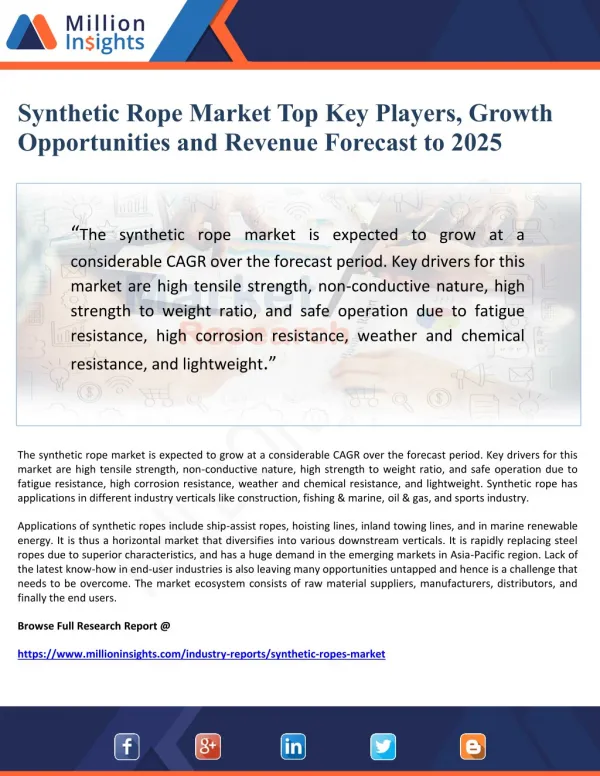 Synthetic Rope Market Top Key Players, Growth Opportunities and Revenue Forecast to 2025