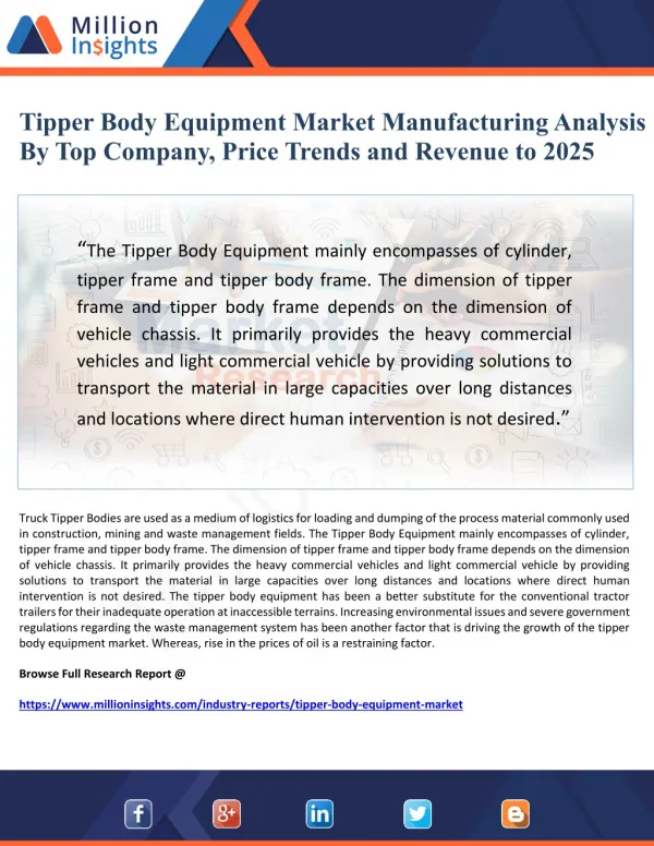 Tipper Body Equipment Market Manufacturing Analysis By Top Company, Price Trends and Revenue to 2025