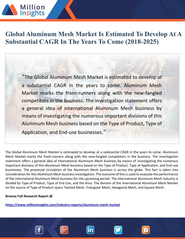 Global Aluminum Mesh Market Is Estimated To Develop At A Substantial CAGR In The Years To Come (2018-2025)