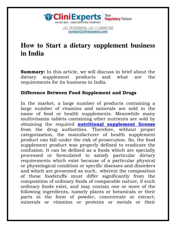 How to Start a dietary supplement business in India