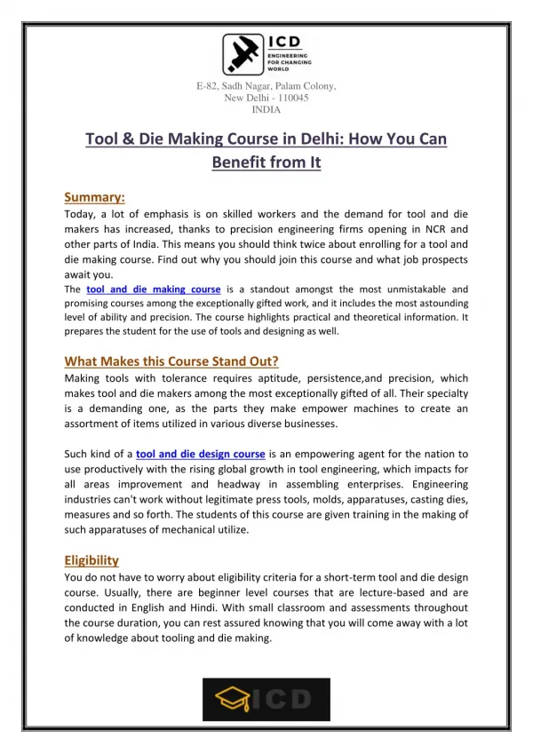 Tool & Die Making Course in Delhi: How You Can Benefit from It