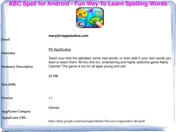 ABC Spell for Android - Fun Way To Learn Spelling Words