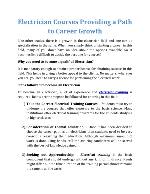 Electrician Courses Providing a Path to Career Growth