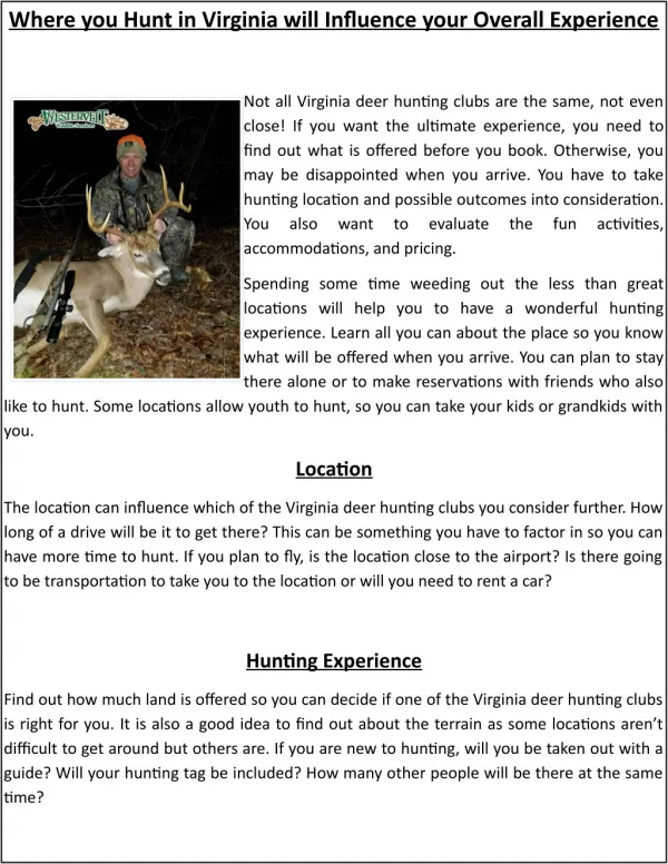 Where you Hunt in Virginia will Influence your Overall Experience