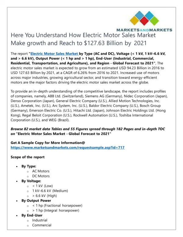 Here You Understand How Electric Motor Sales Market Make growth and Reach to $127.63 Billion by 2021