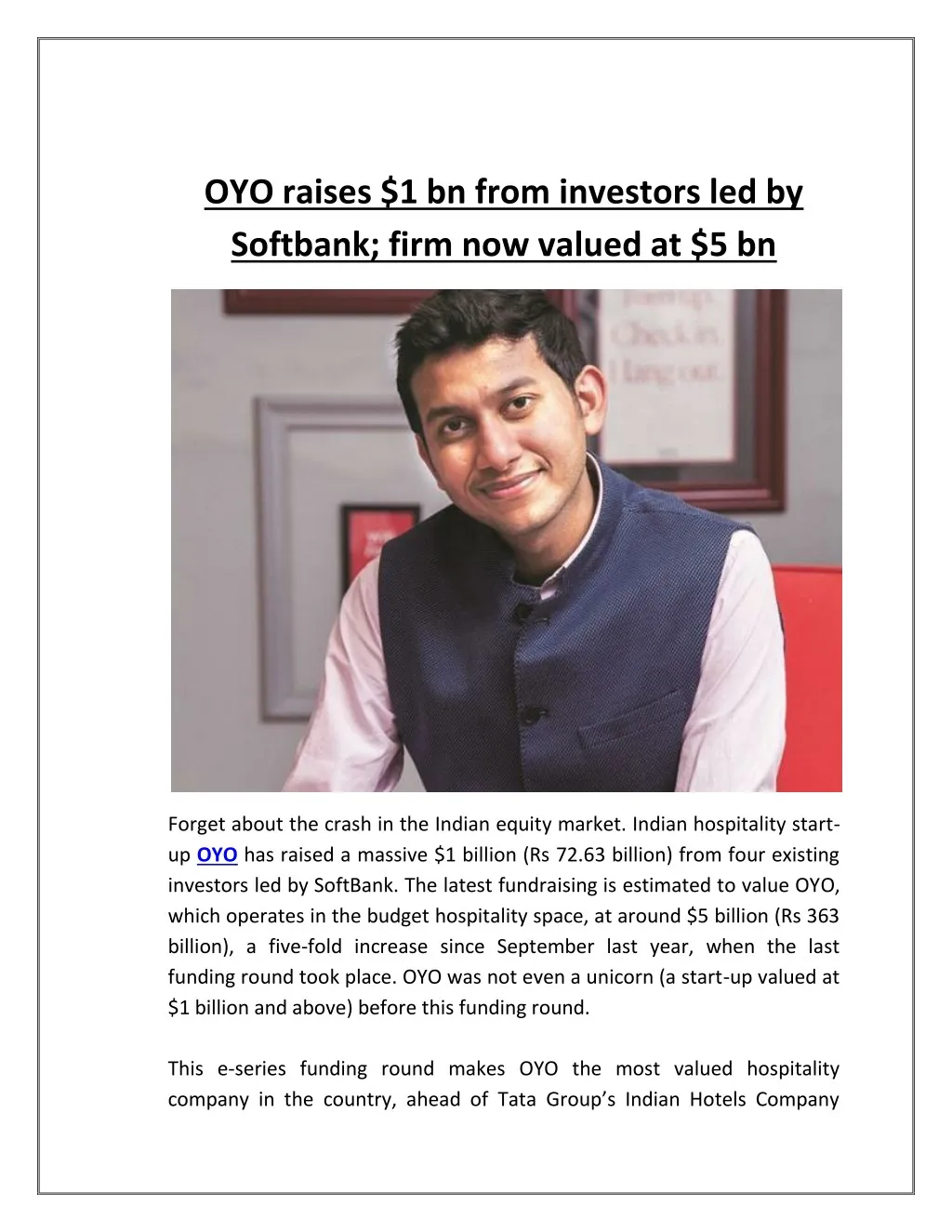 oyo raises 1 bn from investors led by softbank