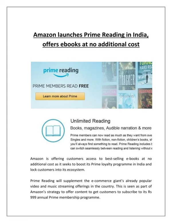 Amazon launches Prime Reading in India, offers ebooks at no additional cost