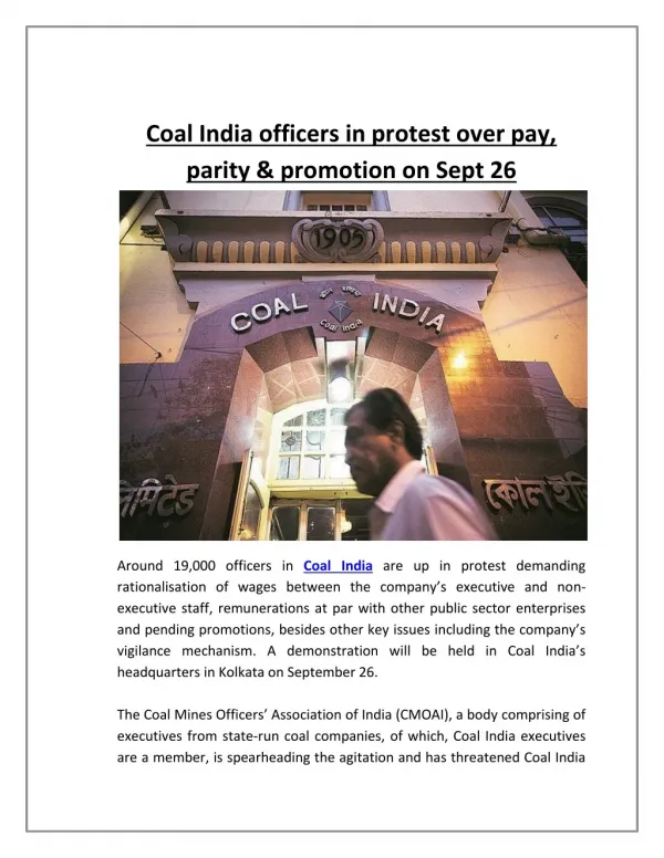 Coal India Officers in Protest Over Pay, Parity & Promotion on Sept 26