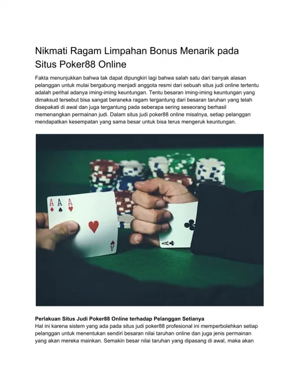 Nikmati Ragam Limpahan Bonus Menarik pada Situs Poker88 Online