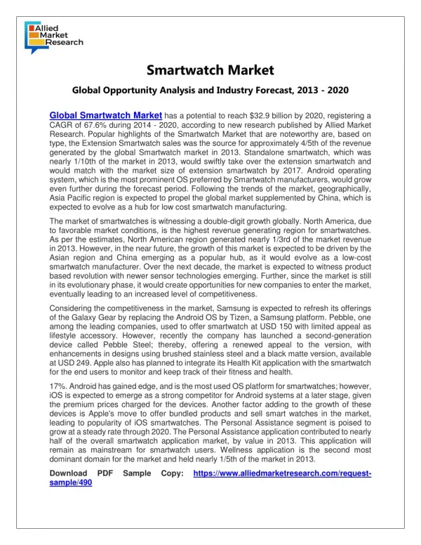 Smart Watch Market: Growth Analysis by Manufacturers, Regions, Types and Applications