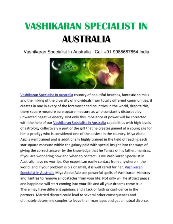 Vashikaran Specialist In Australia - Call 91-9988687854 India‎