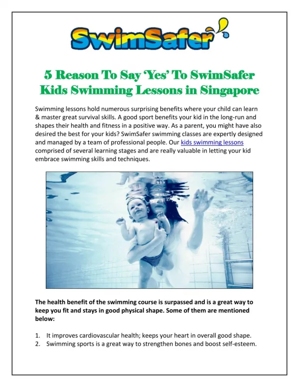 5 Reason To Say ‘Yes’ To SwimSafer Kids Swimming Lessons in Singapore