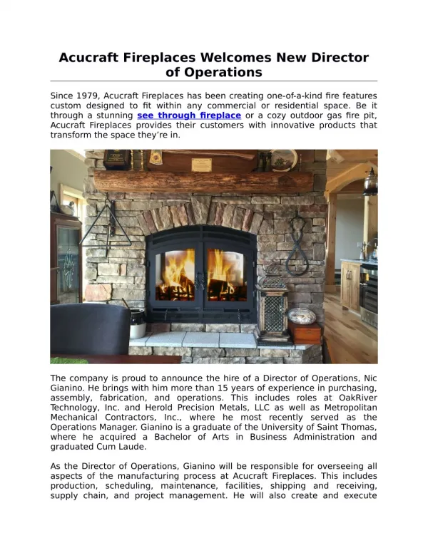 Acucraft Fireplaces Welcomes New Director of Operations