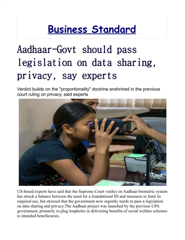 Aadhaar: Govt should pass legislation on data sharing, privacy, say experts