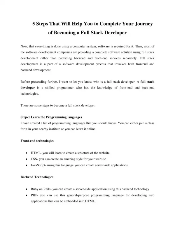 5 Steps That Will Help You to Complete Your Journey of Becoming a Full Stack Developer