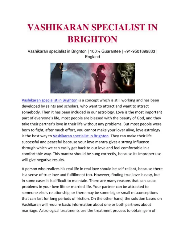 Vashikaran specialist in Brighton | 100% Guarantee | 91-9501899833 | England