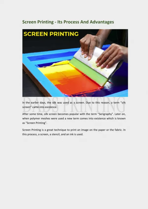 Screen Printing - Its Process And Advantages