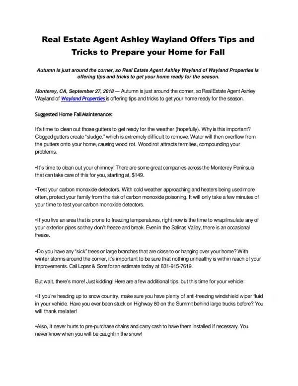 Real Estate Agent Ashley Wayland Offers Tips and Tricks to Prepare your Home for Fall