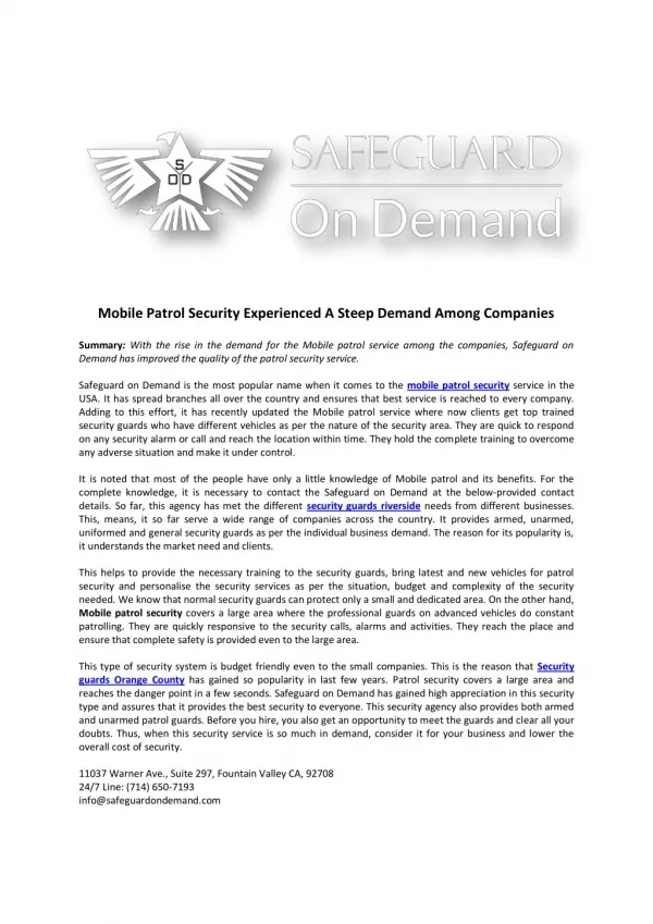 Mobile Patrol Security Experienced A Steep Demand Among Companies