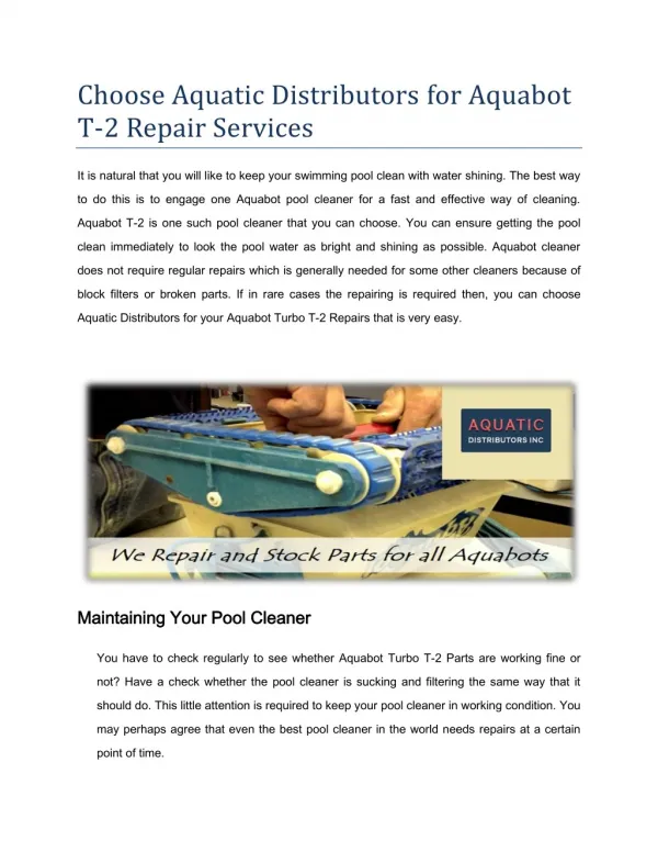 Get Your Aquabot T-2 Repair at Aquatic Distributors