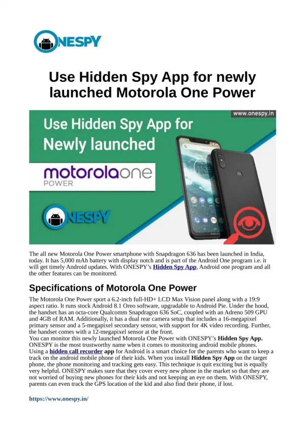 Use Hidden Spy App for newly launched Motorola One Power