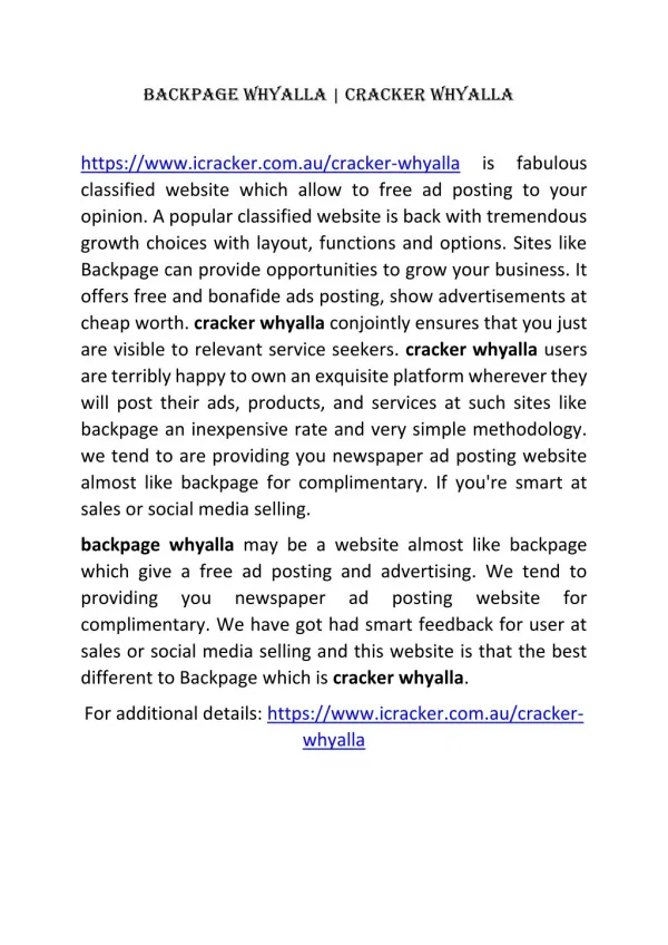 Backpage Whyalla | Cracker Whyalla