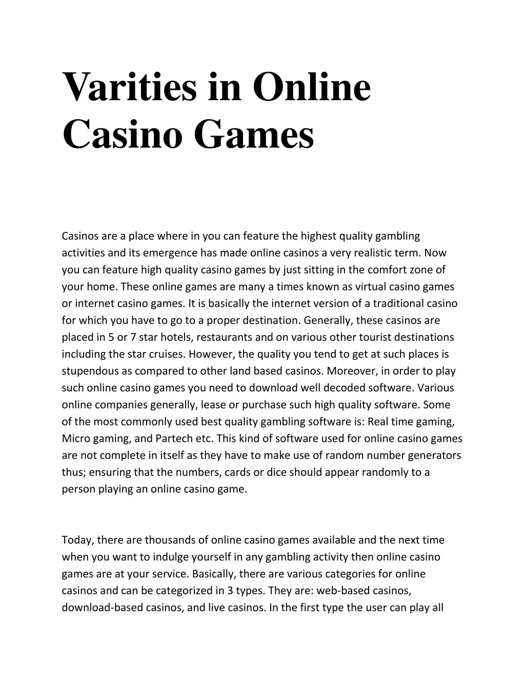 varities in online casino games