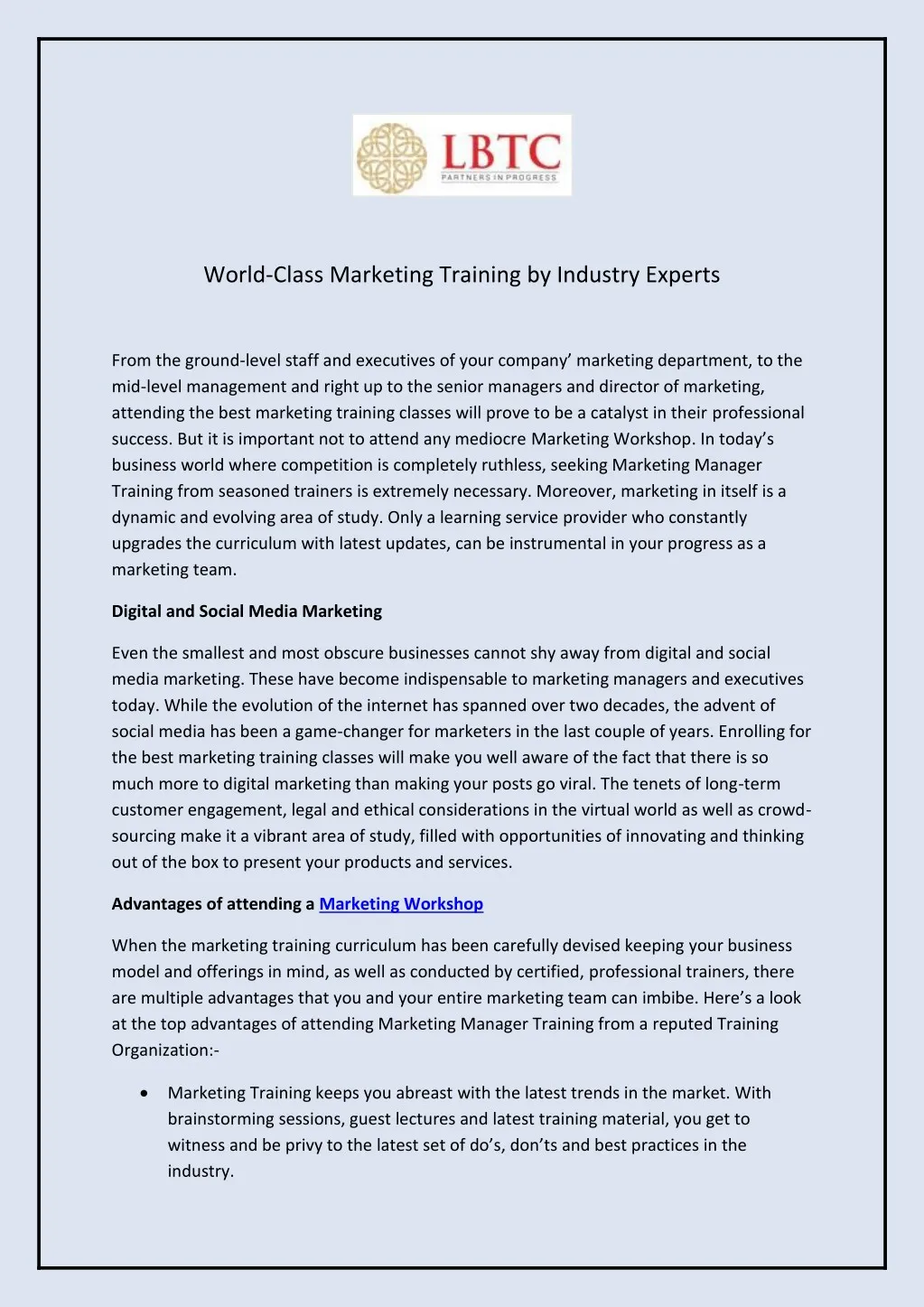 world class marketing training by industry experts
