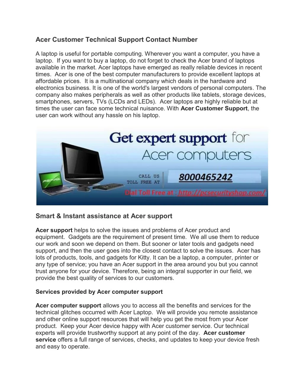 acer customer technical support contact number