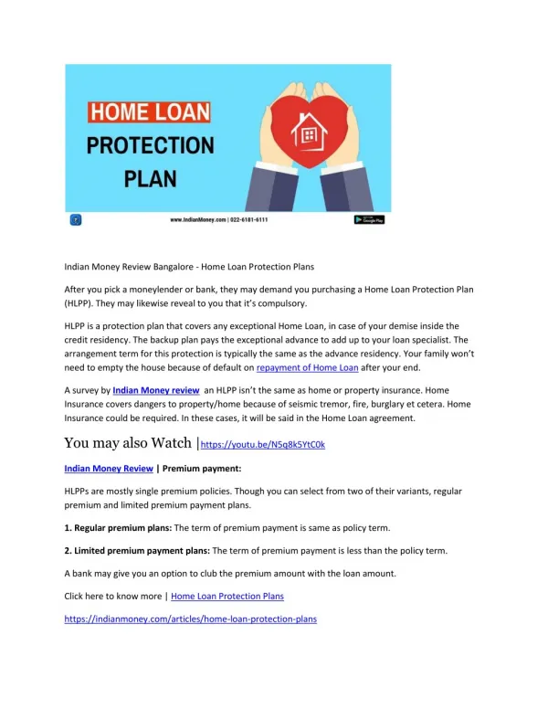 Indian Money Review Bangalore - Home Loan Protection Plans