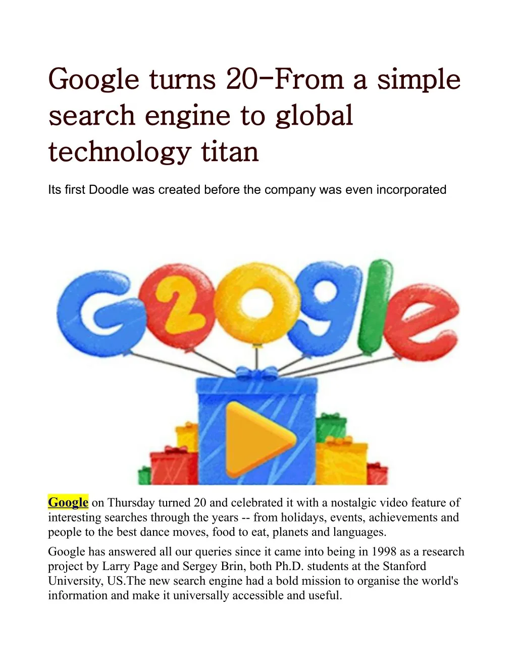 google turns 20 from a simple google turns