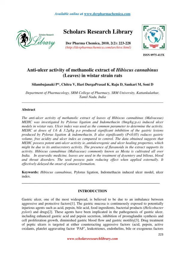 Anti-ulcer activity of methanolic extract of Hibiscus cannabinus (Leaves) in wistar strain rats