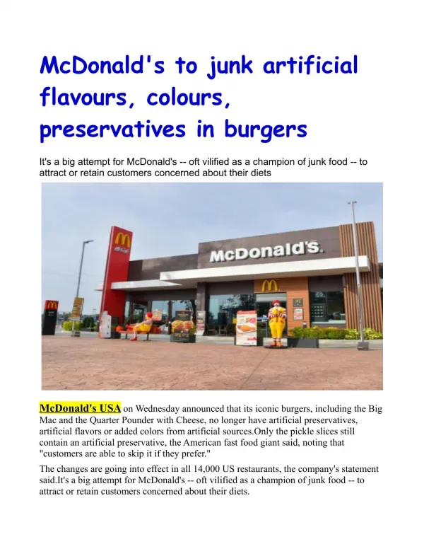 McDonald's to junk artificial flavours, colours, preservatives in burgers