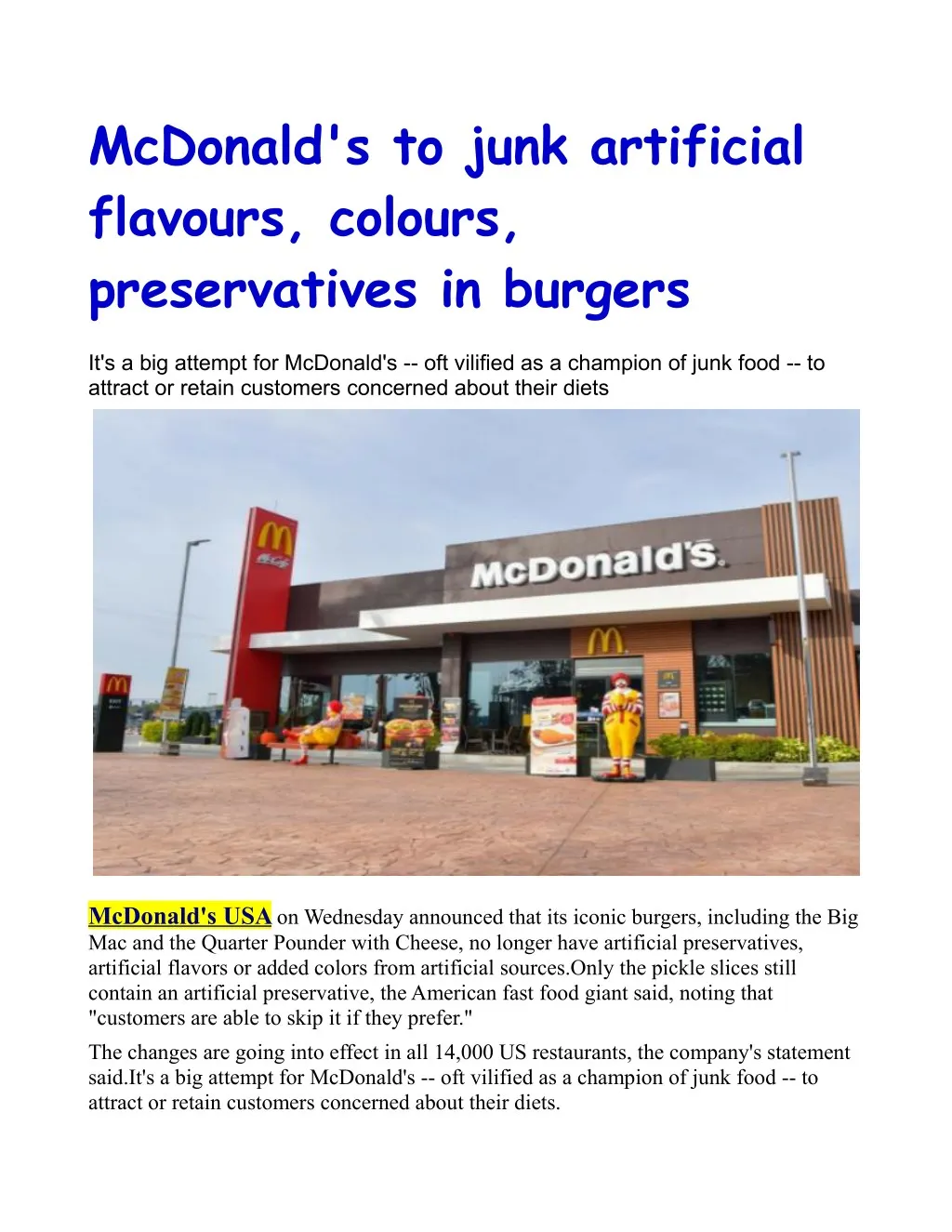 mcdonald s to junk artificial flavours colours
