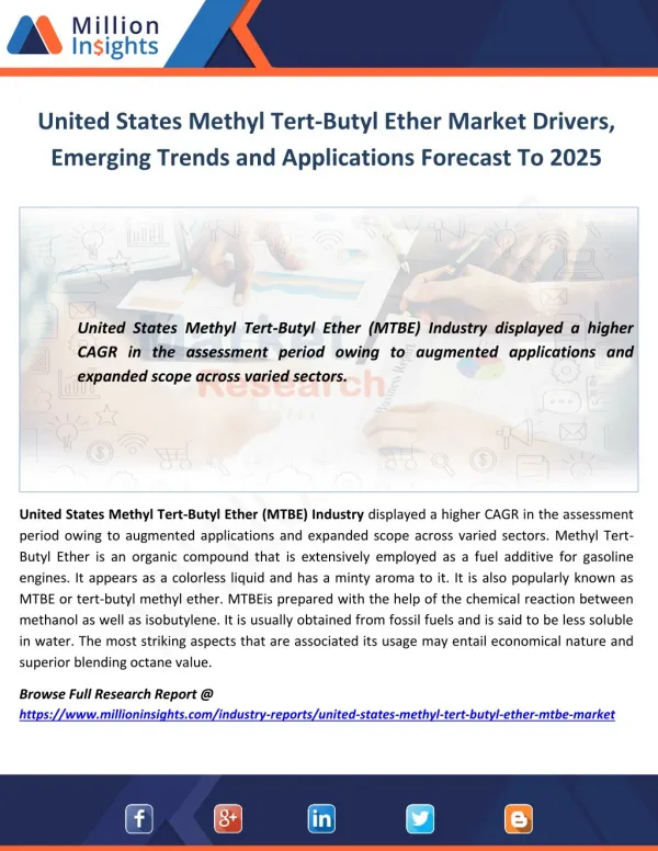 United States Methyl Tert-Butyl Ether Market Drivers, Emerging Trends and Applications Forecast To 2025