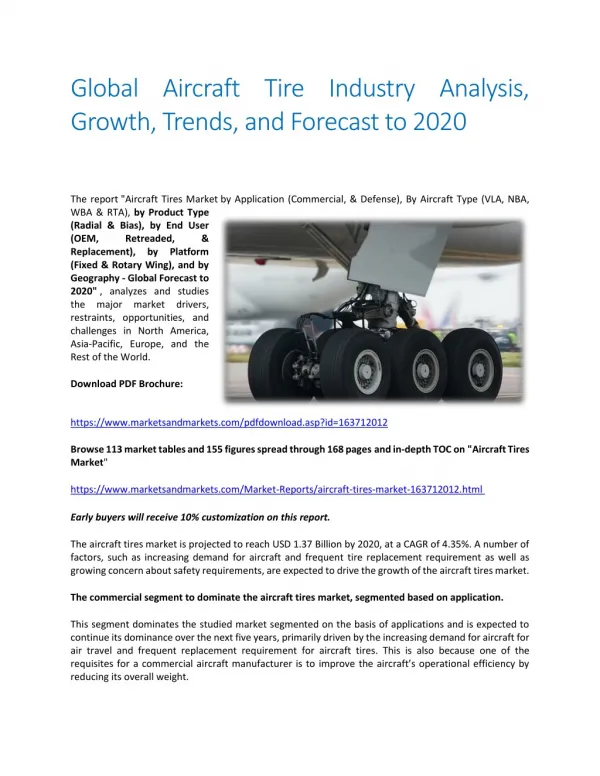 Global Aircraft Tire Industry Analysis, Growth, Trends, and Forecast to 2020