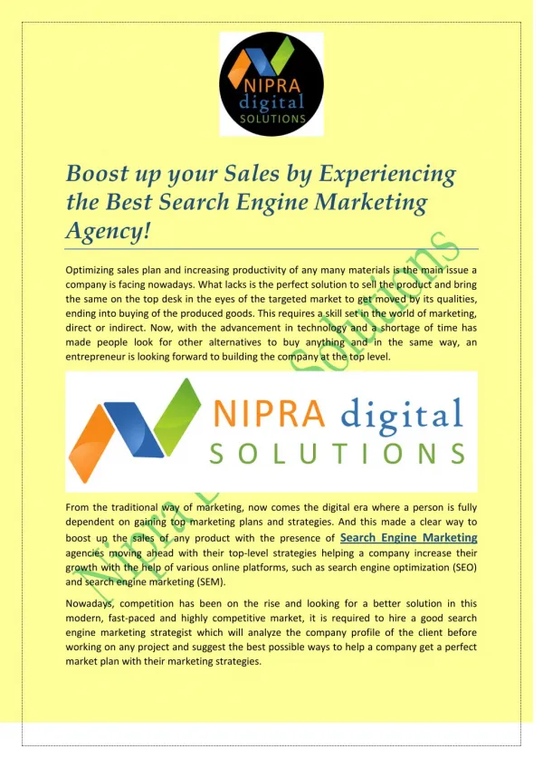 Boost up your Sales by Experiencing the Best Search Engine Marketing Agency!
