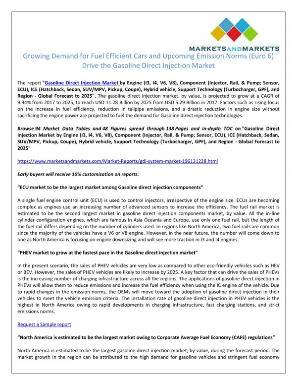 Growing Demand for Fuel Efficient Cars and Upcoming Emission Norms (Euro 6) Drive the Gasoline Direct Injection Market