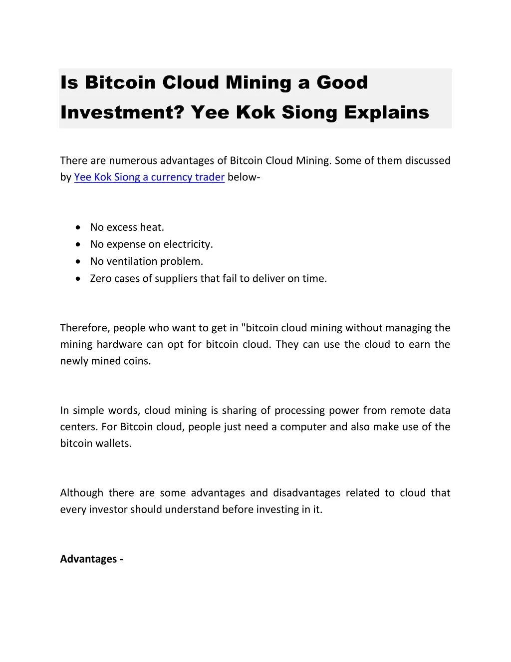 is bitcoin cloud mining a good investment
