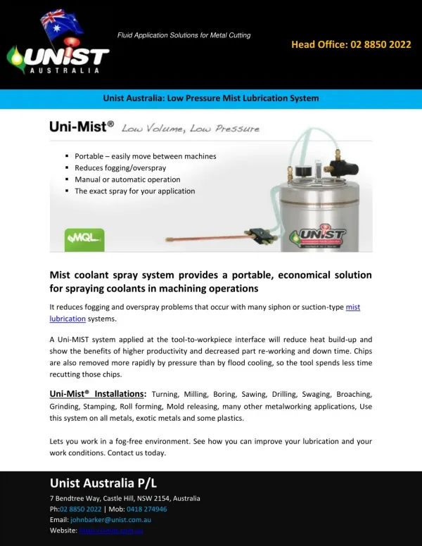 Unist Australia: Low Pressure Mist Lubrication System