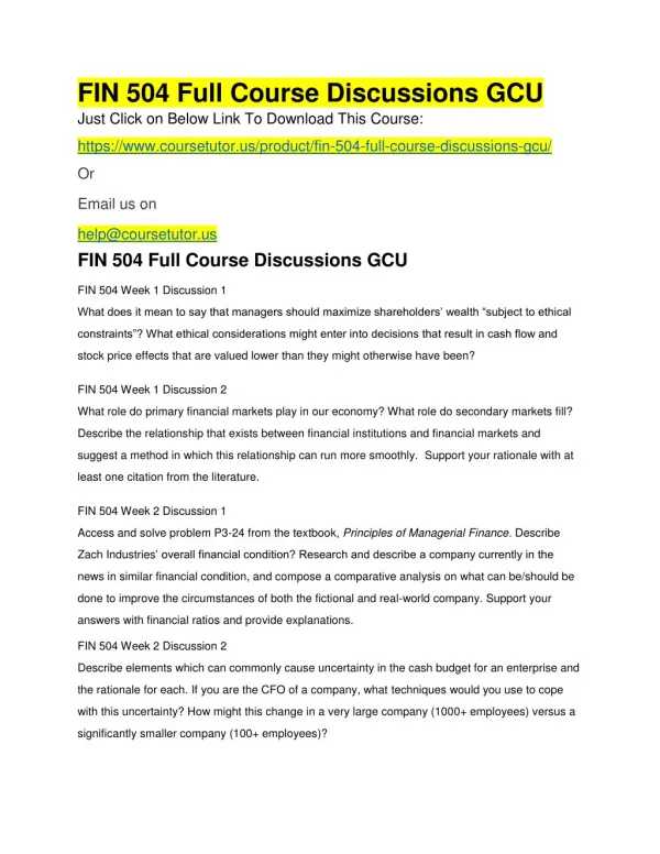 FIN 504 Full Course Discussions GCU