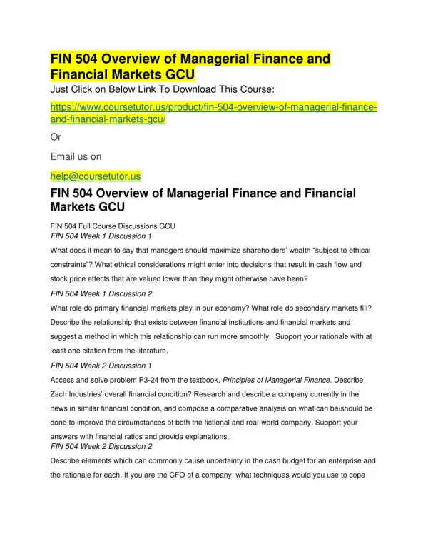 FIN 504 Overview of Managerial Finance and Financial Markets GCU