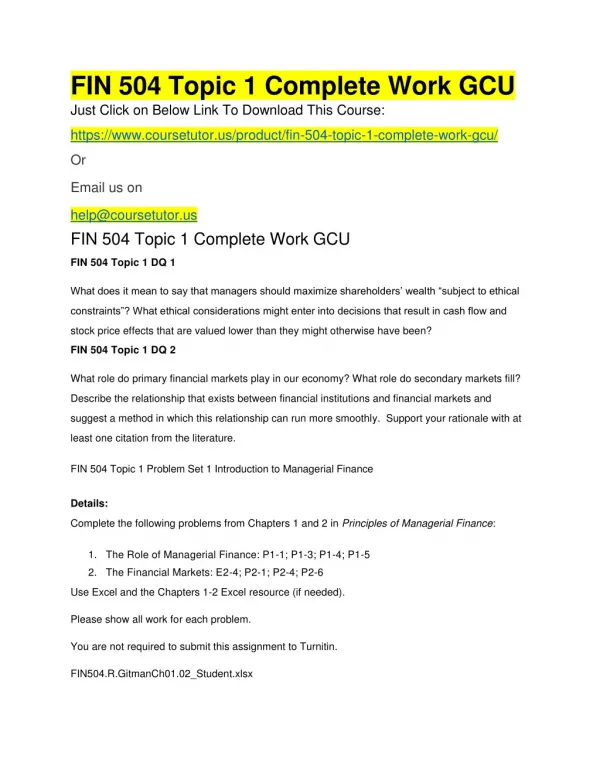 FIN 504 Topic 1 Complete Work GCU