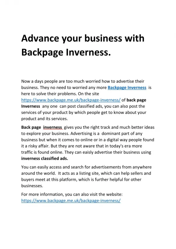 Advance your business with Backpage Inverness.