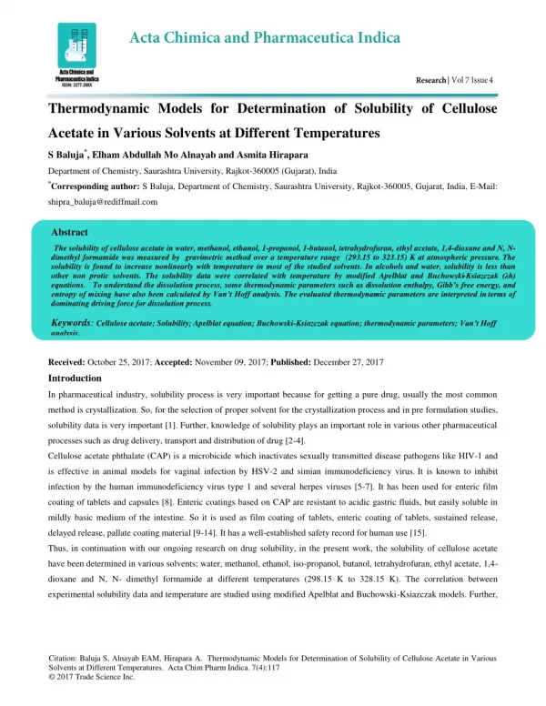 Thermodynamic Models for Determination of Solubility of Cellulose Acetate in Various Solvents at Different Temperatures